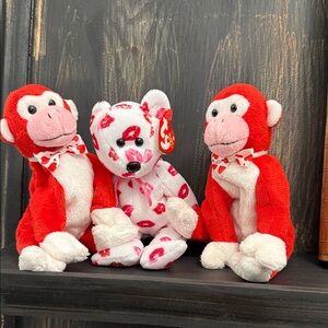 Ty Red and White Plush Valentines Monkeys and Bear Set